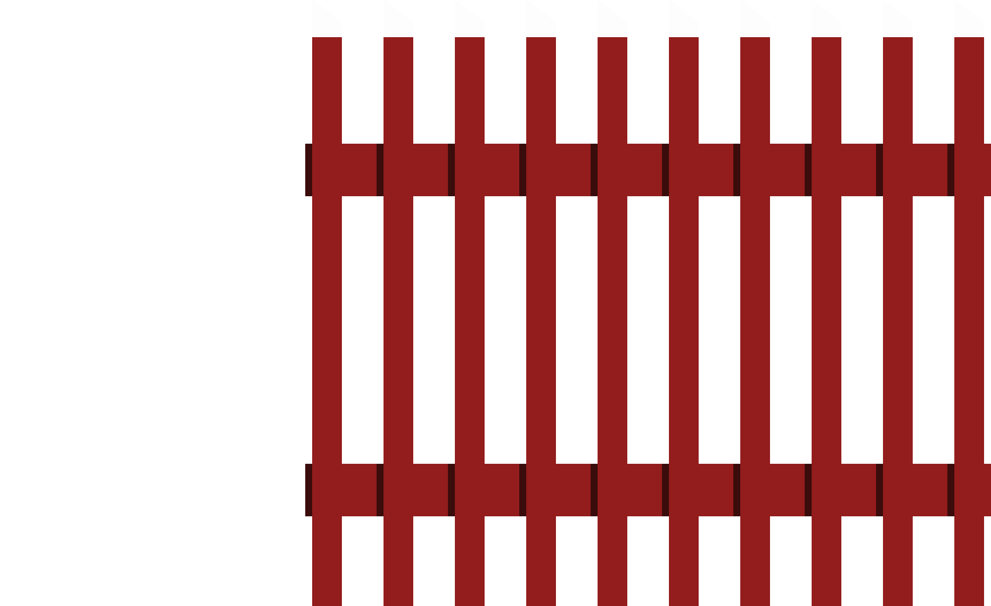 a lineless drawing of a red picket fence with white tips