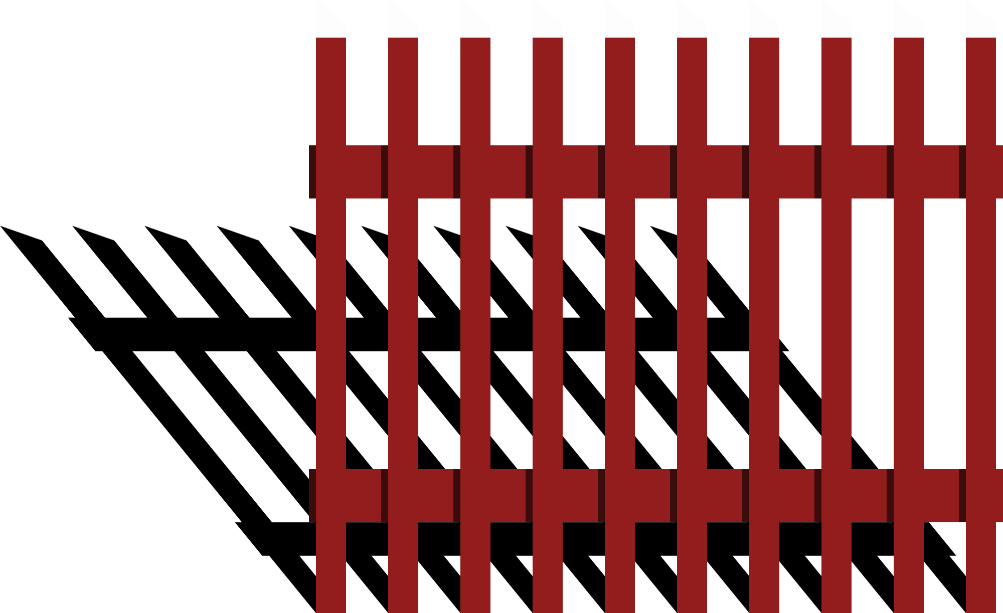 a lineless drawing of a red picket fence with white tips. the shadow of the fence can be seen behind the fence