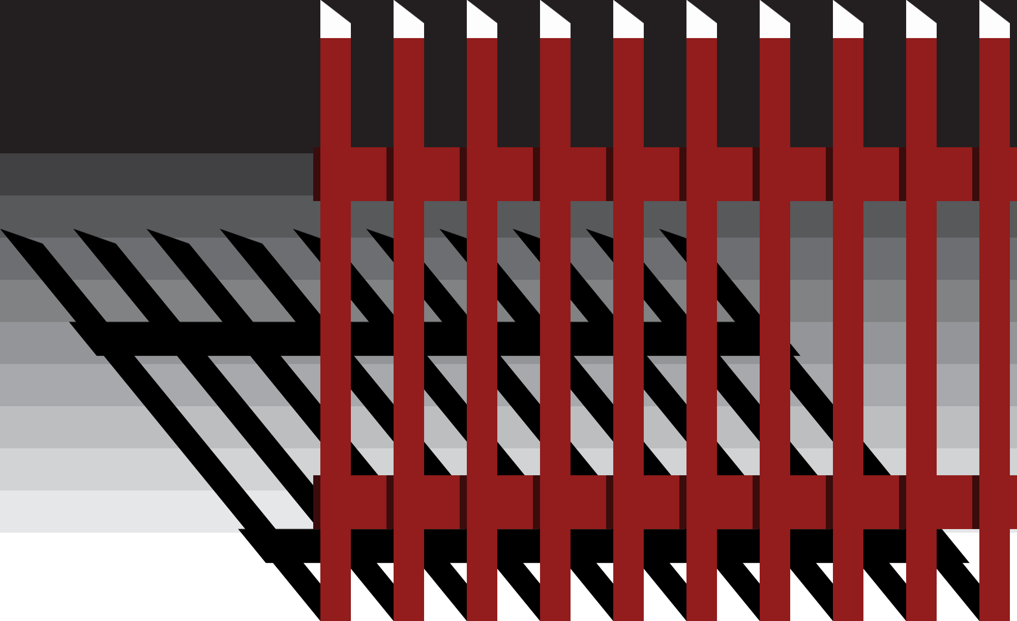 a lineless drawing of a red picket fence with white tips. the shadow of the fence can be seen behind the fence. in the background is a grey to white gradient